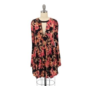 00683 Free People Floral Tunic Dress Black Pink XS bohemian boho festival resort